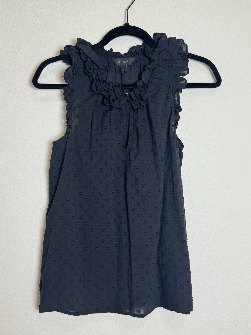 Women’s 100% Cotton J. Crew Black Ruffled Swiss Dot Sleeveless V Neck Blouse, 4